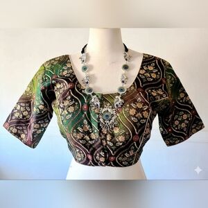 New green printed Manipuri silk saree lehenga blouse Size M